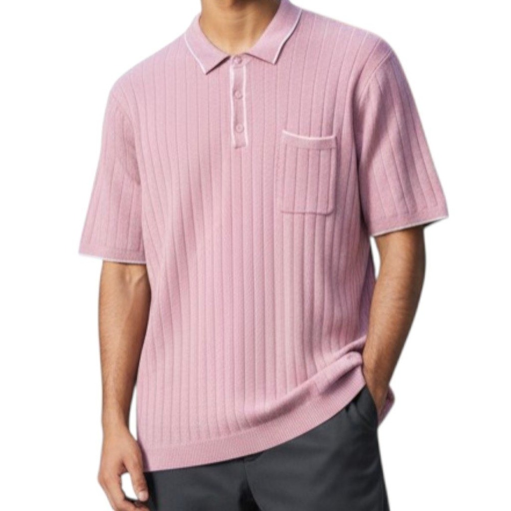 Express Cotton Casual‎ Large Short Sleeve Men Pink Ribbed Knit Polo Sweater NWT